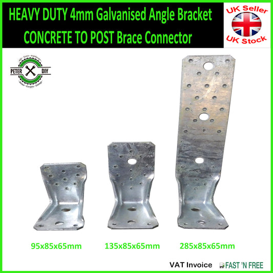 HEAVY DUTY 4mm Galvanised Angle Bracket CONCRETE TO POST Brace Connector