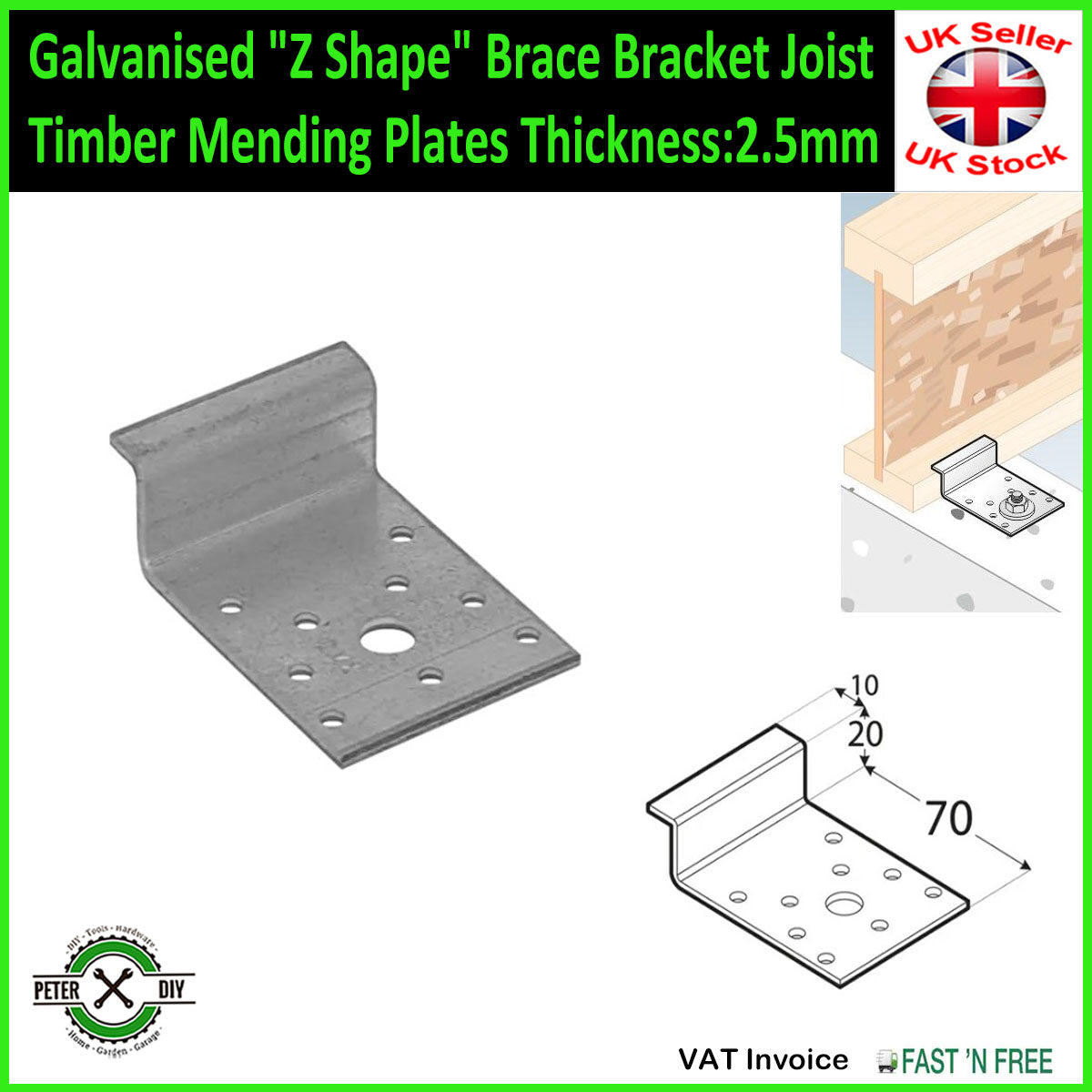 Galvanised "Z Shape" Brace Bracket Joist Timber Mending Plates Thickness:2.5mm