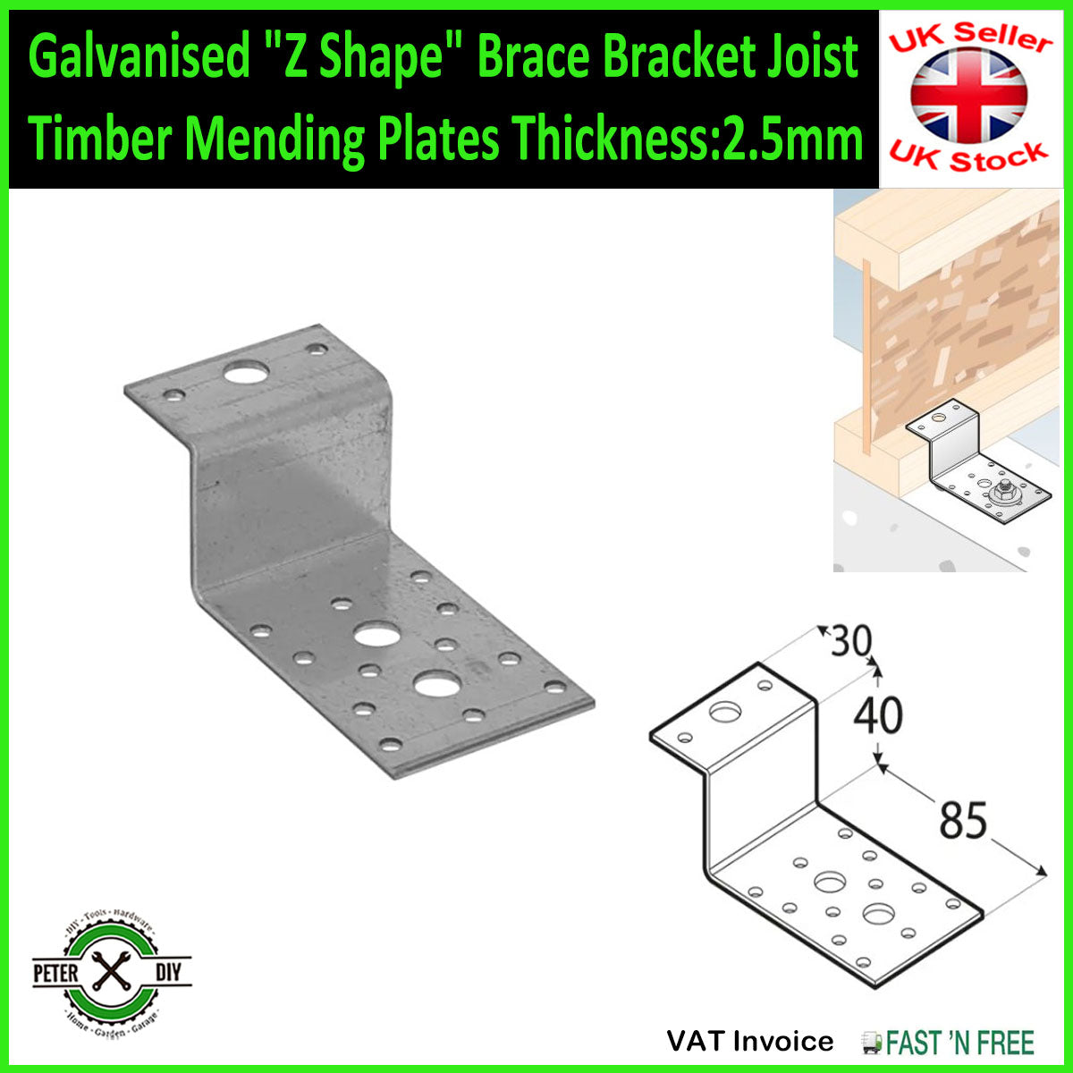 Galvanised "Z Shape" Brace Bracket Joist Timber Mending Plates Thickness:2.5mm