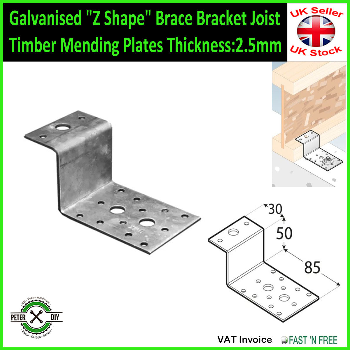 Galvanised "Z Shape" Brace Bracket Joist Timber Mending Plates Thickness:2.5mm