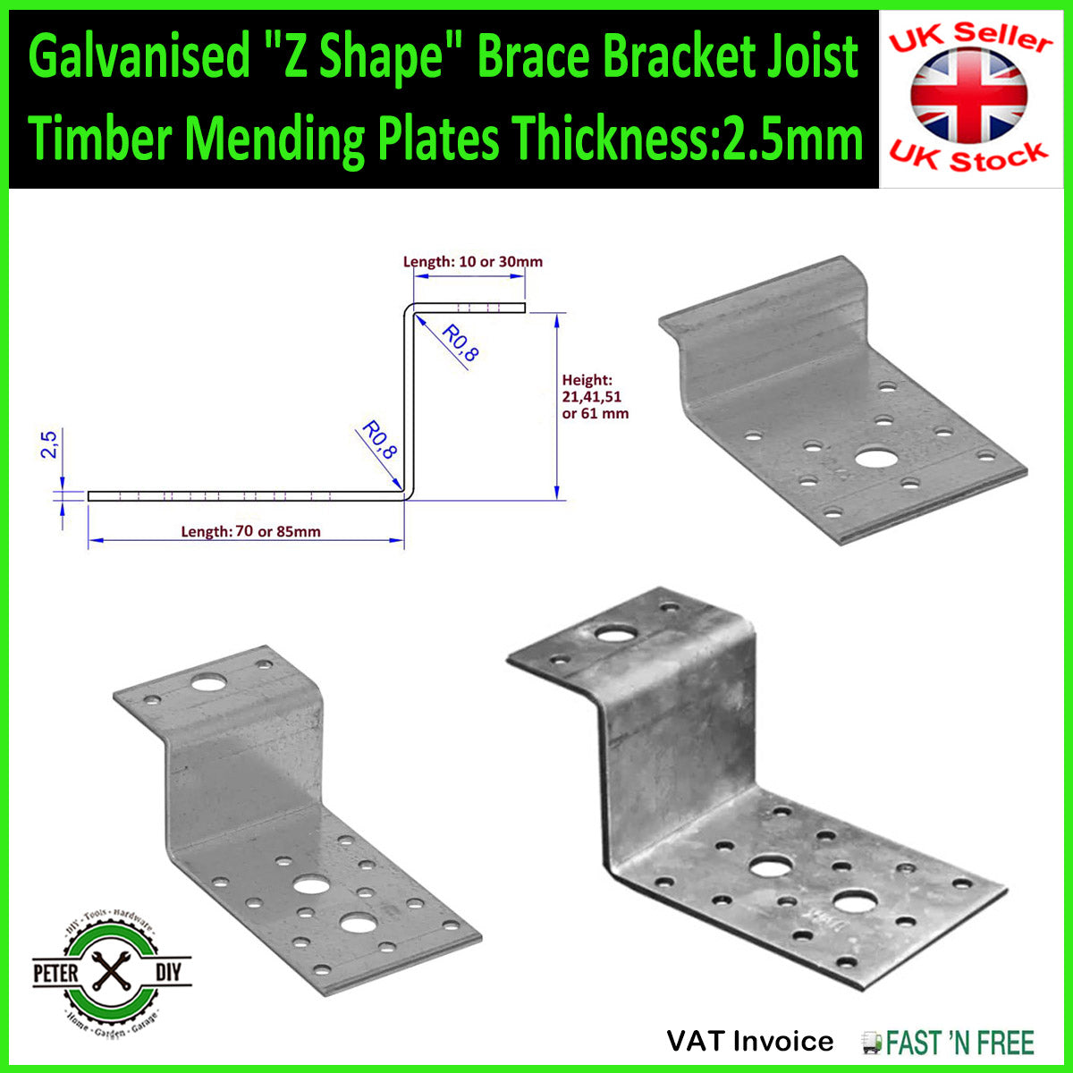 Galvanised "Z Shape" Brace Bracket Joist Timber Mending Plates Thickness:2.5mm