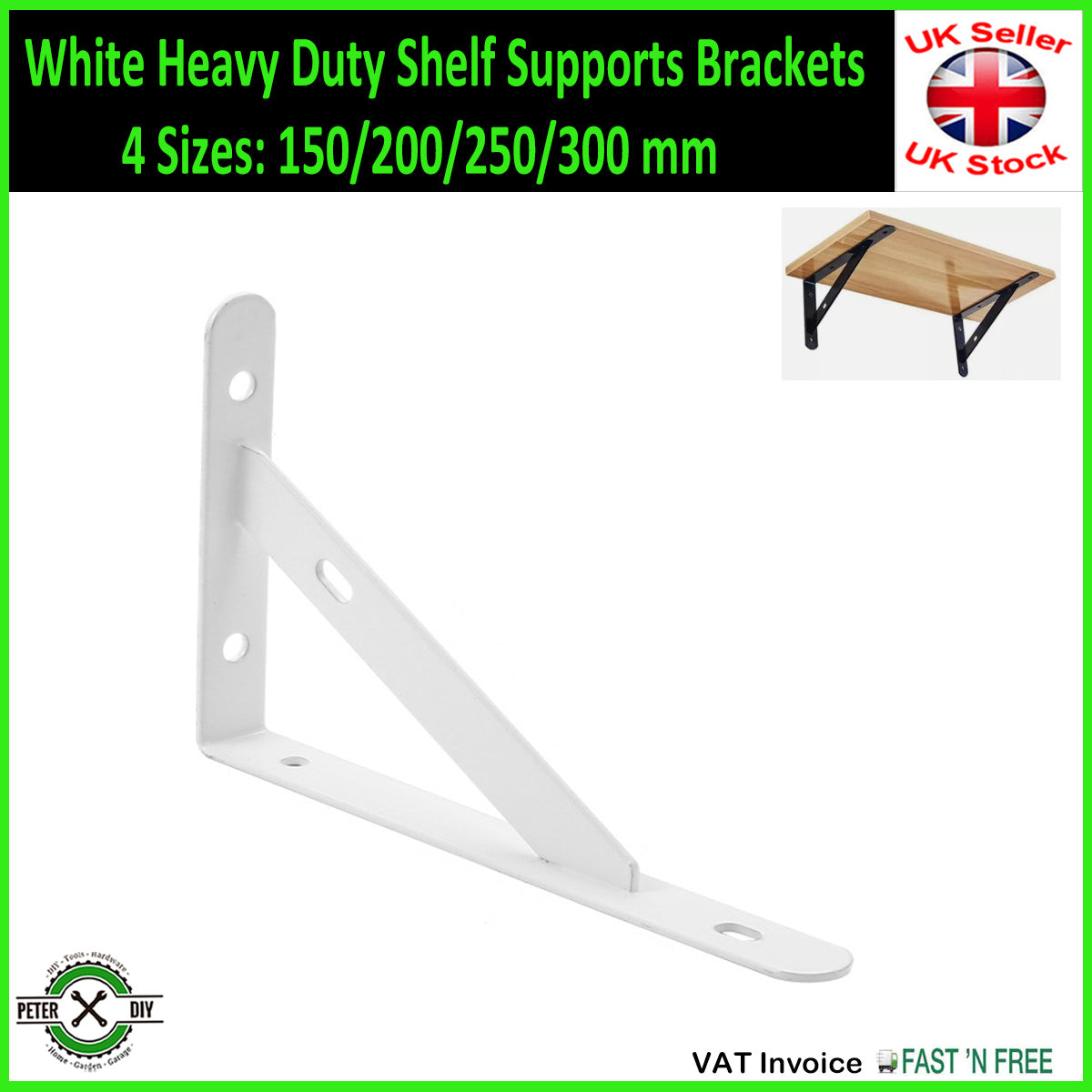 Black Heavy Duty Shelf Supports Brackets 4 Sizes: 150/200/250/300 mm