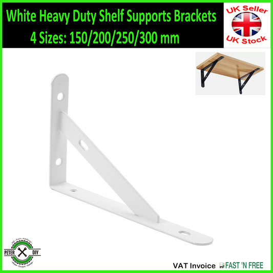 White Heavy Duty Shelf Supports Brackets 4 Sizes: 150/200/250/300 mm