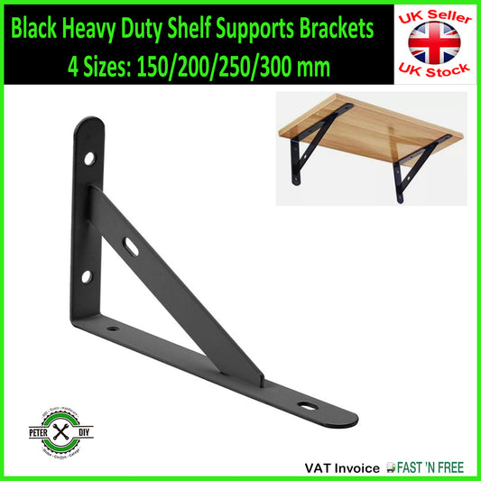 Black Heavy Duty Shelf Supports Brackets 4 Sizes: 150/200/250/300 mm