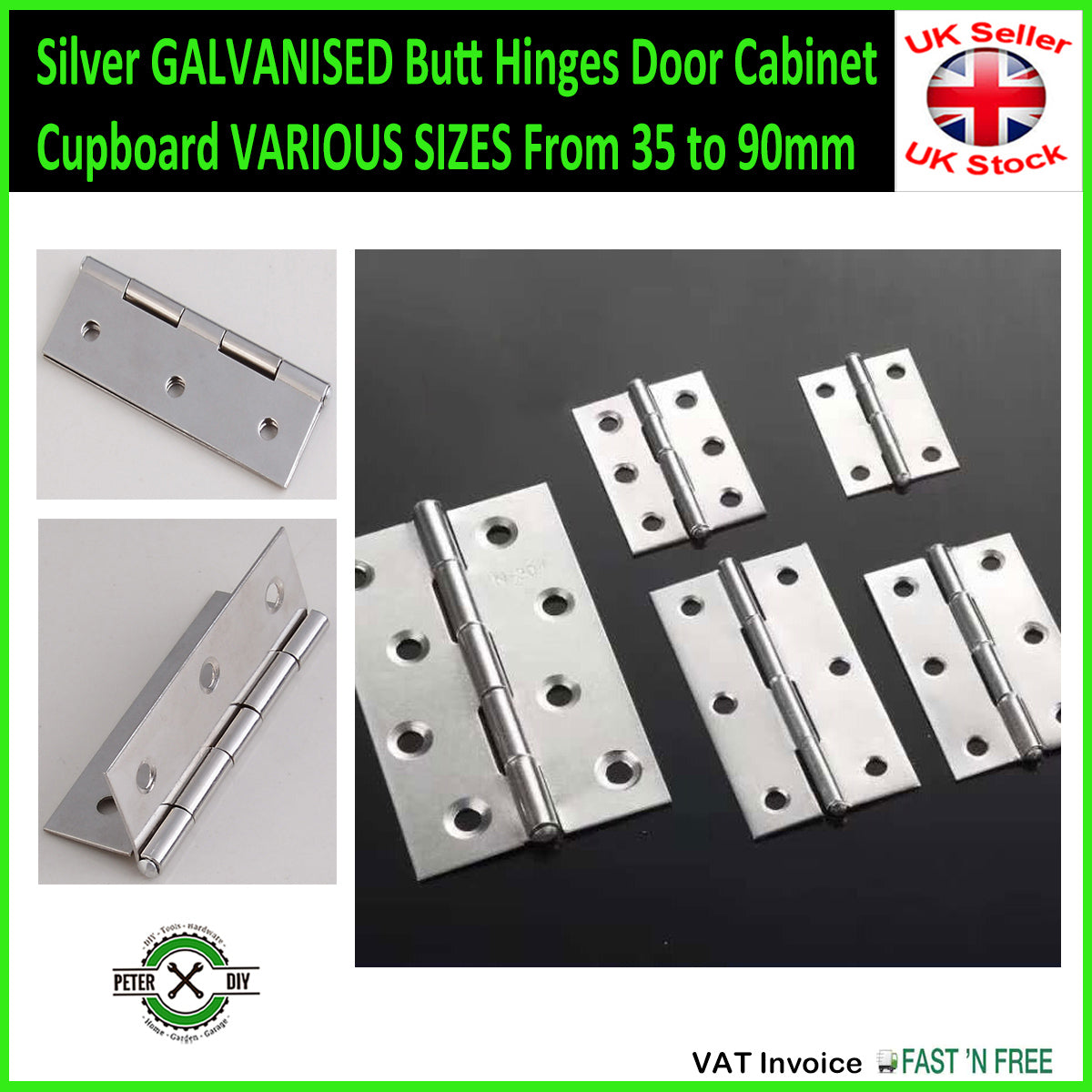 Silver GALVANISED Butt Hinges Door Cabinet Cupboard VARIOUS SIZES From 35 to 90mm