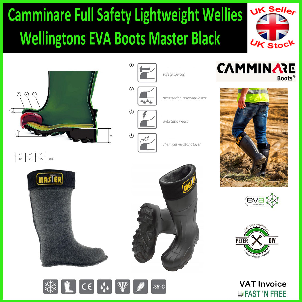 Camminare Full Safety Lightweight Wellies Wellingtons EVA Boots Master Black