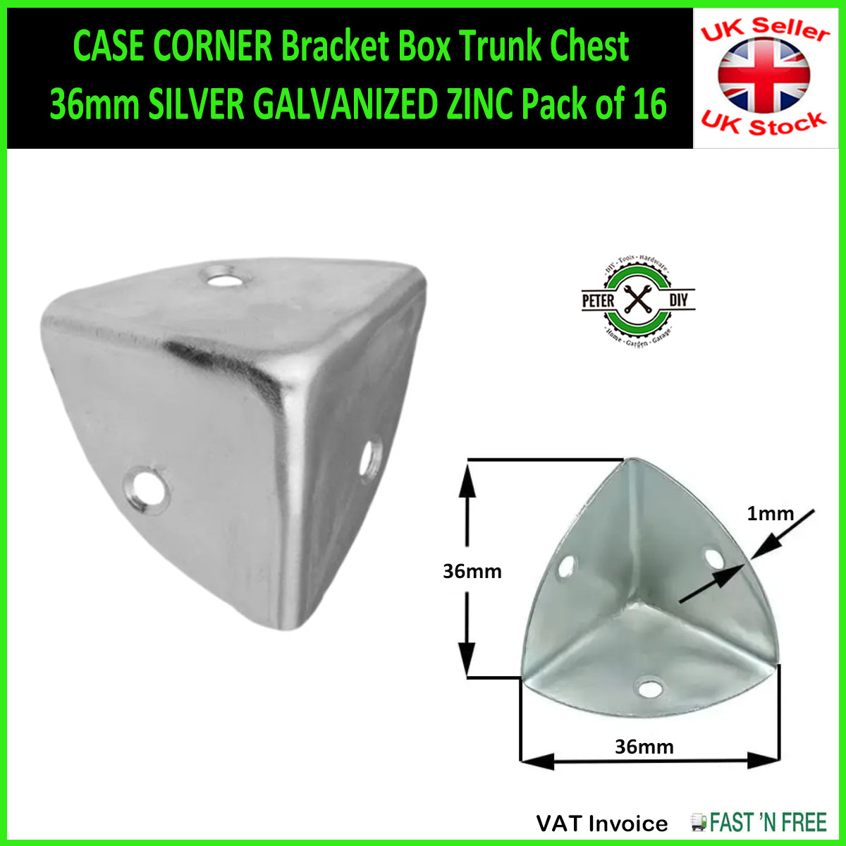CASE CORNER Bracket Box Trunk Chest 36mm SILVER GALVANIZED ZINC Pack of 16