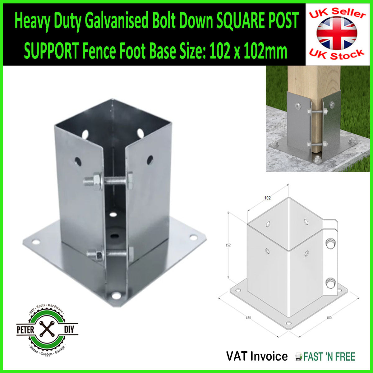 Heavy Duty Galvanised Bolt Down SQUARE POST SUPPORT Fence Foot Base 77-152mm