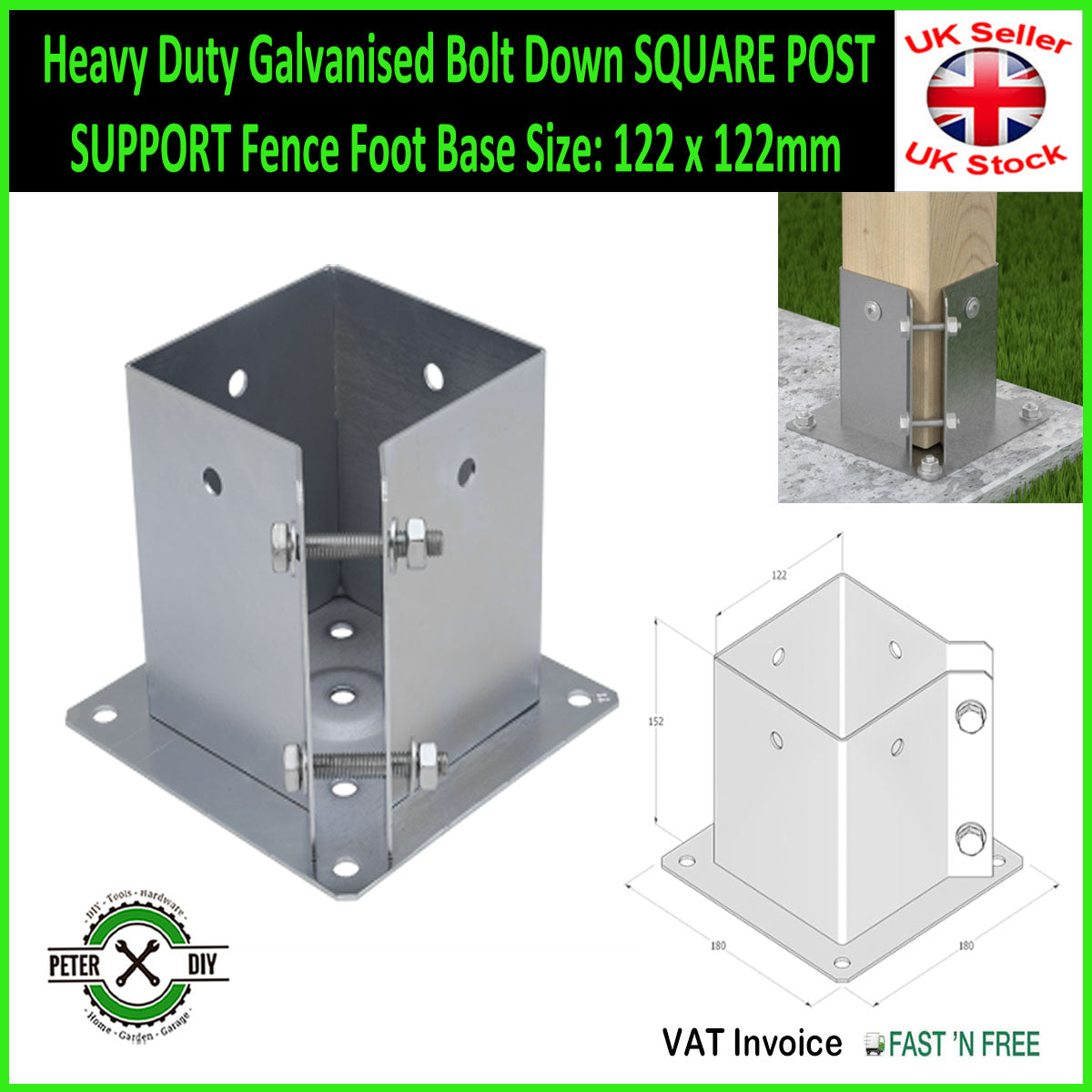 Heavy Duty Galvanised Bolt Down SQUARE POST SUPPORT Fence Foot Base 77-152mm