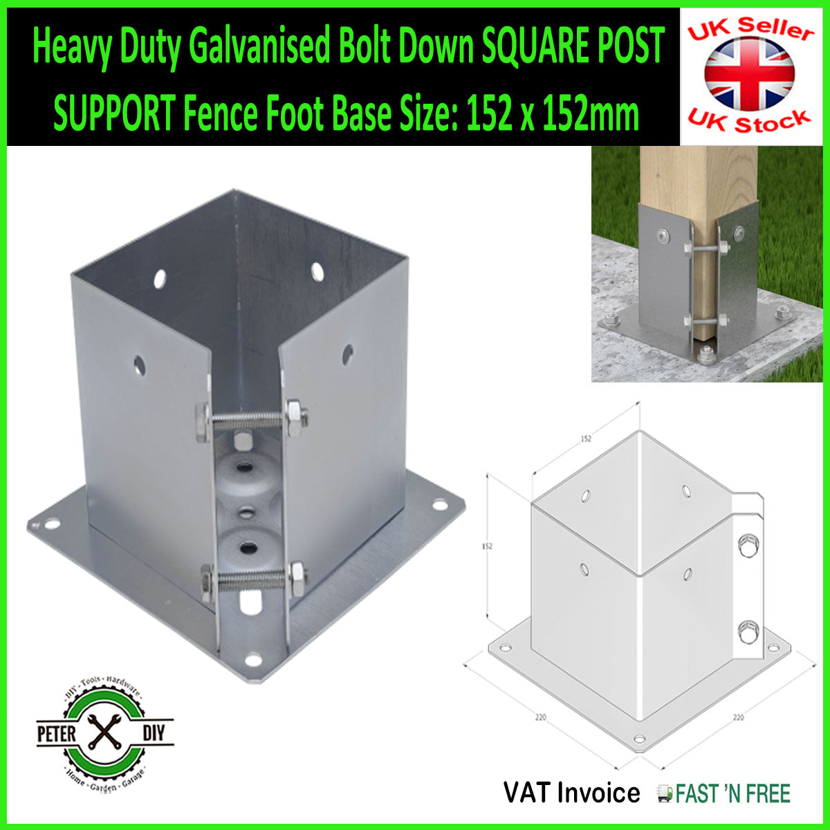 Heavy Duty Galvanised Bolt Down SQUARE POST SUPPORT Fence Foot Base 77-152mm