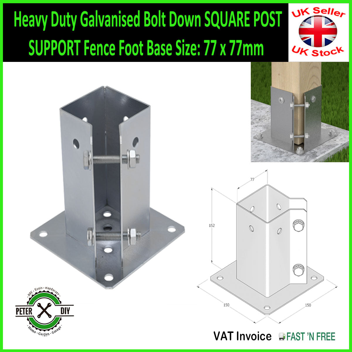 Heavy Duty Galvanised Bolt Down SQUARE POST SUPPORT Fence Foot Base 77-152mm