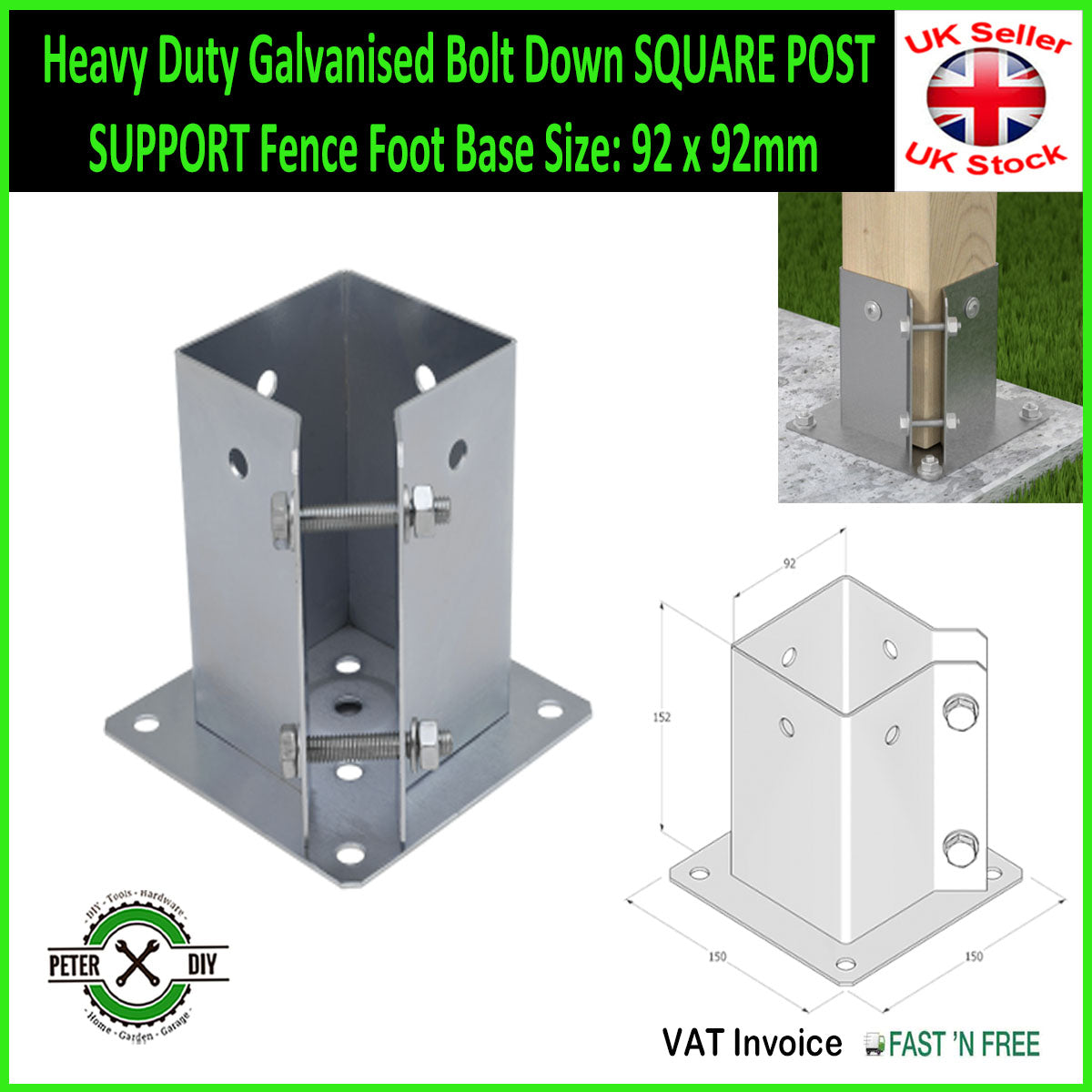 Heavy Duty Galvanised Bolt Down SQUARE POST SUPPORT Fence Foot Base 77-152mm