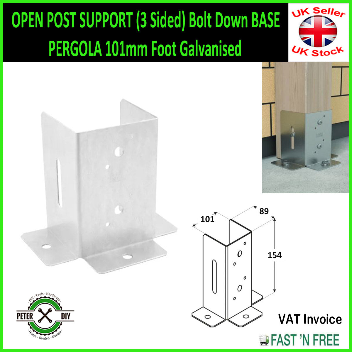OPEN POST SUPPORT (3 Sided) Bolt Down BASE PERGOLA 46 to 150 mm Foot Galvanised