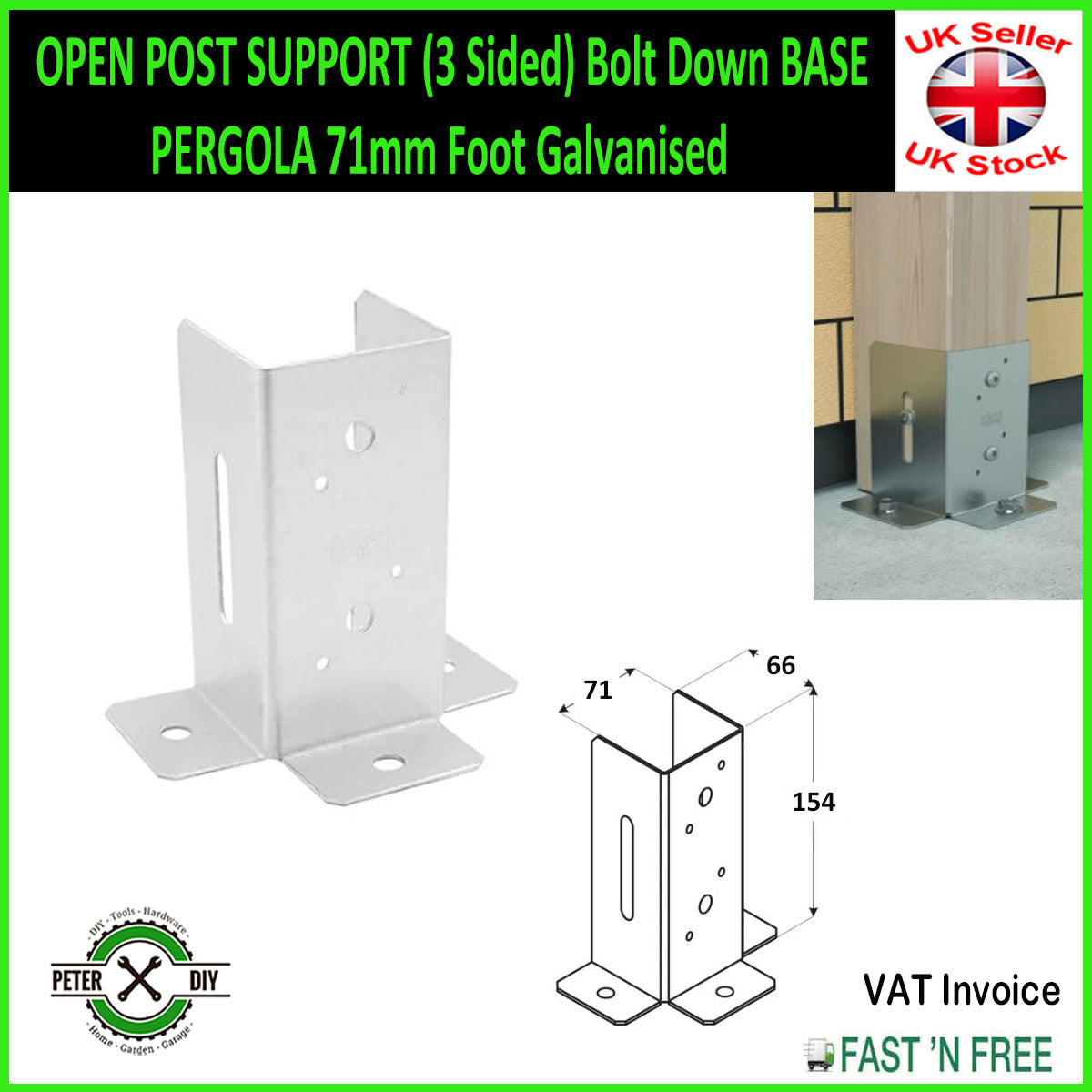OPEN POST SUPPORT (3 Sided) Bolt Down BASE PERGOLA 46 to 150 mm Foot Galvanised