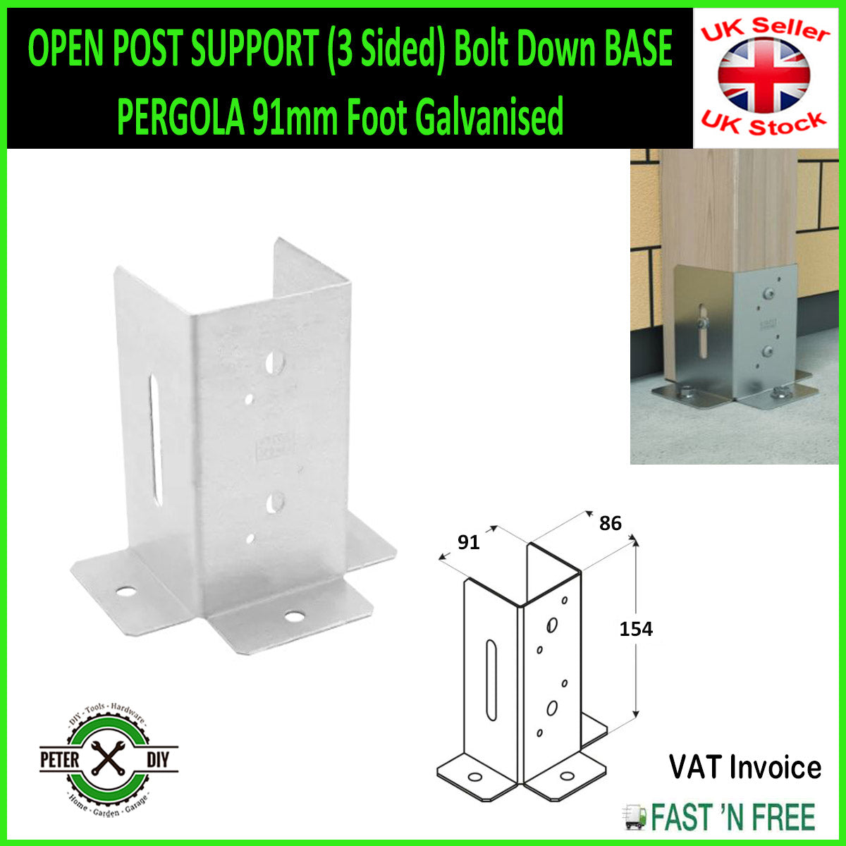 OPEN POST SUPPORT (3 Sided) Bolt Down BASE PERGOLA 46 to 150 mm Foot Galvanised