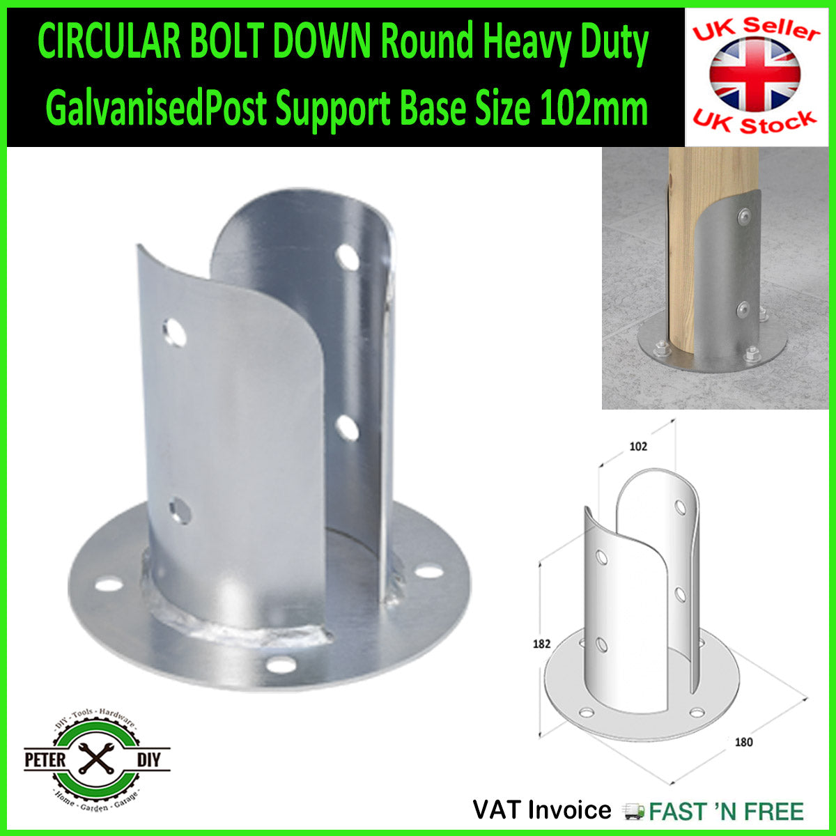 CIRCULAR BOLT DOWN Round Heavy Duty Galvanised Post Support Base Size 82-122mm
