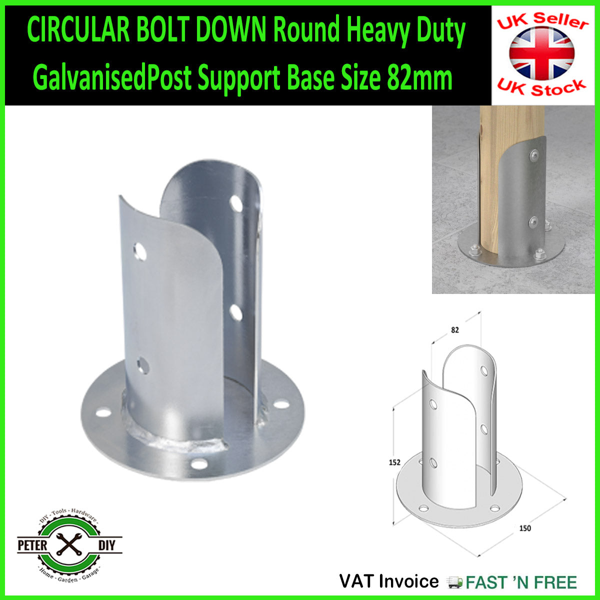 CIRCULAR BOLT DOWN Round Heavy Duty Galvanised Post Support Base Size 82-122mm