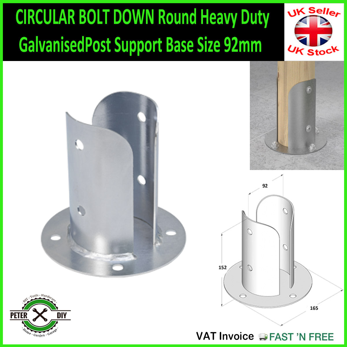 CIRCULAR BOLT DOWN Round Heavy Duty Galvanised Post Support Base Size 82-122mm