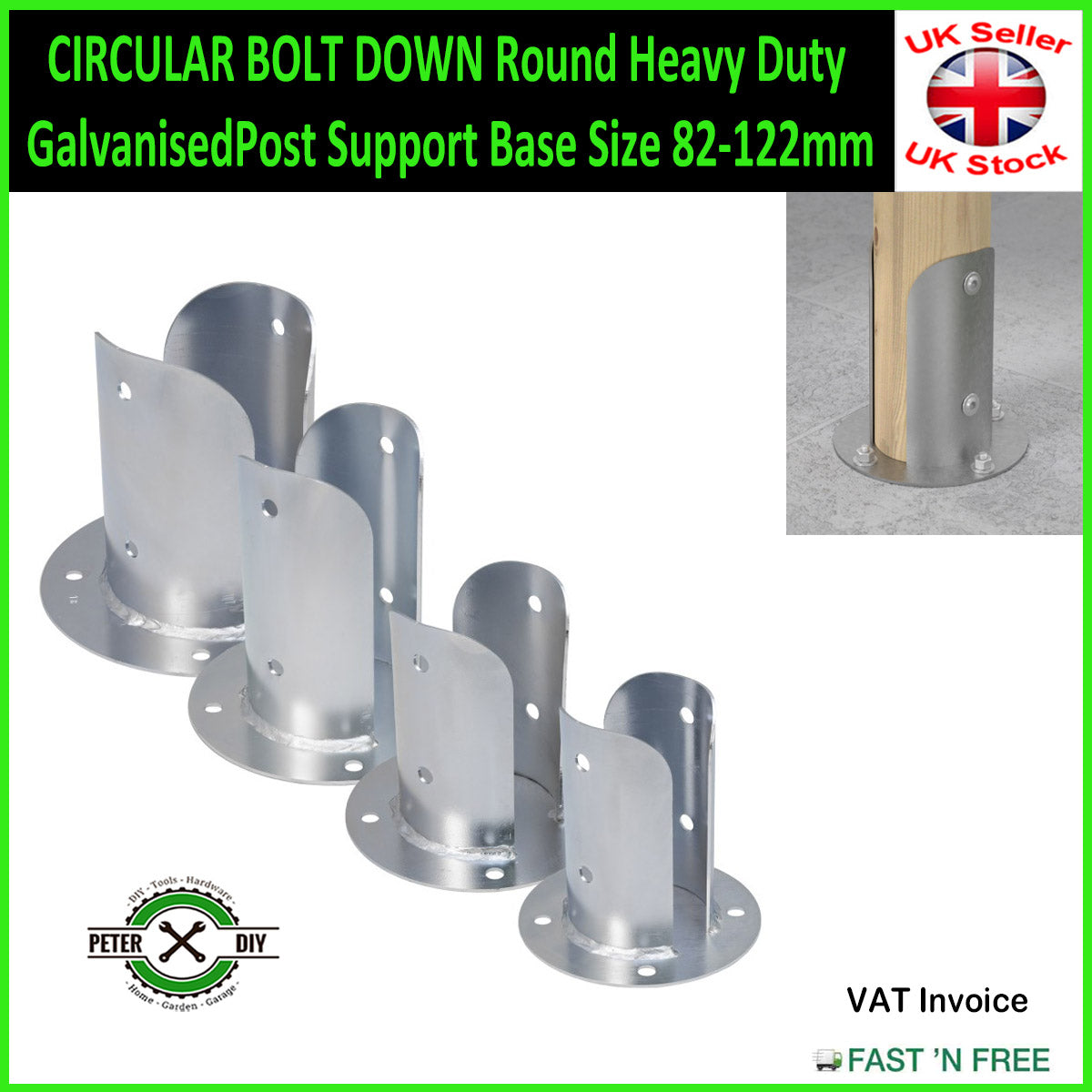 CIRCULAR BOLT DOWN Round Heavy Duty Galvanised Post Support Base Size 82-122mm