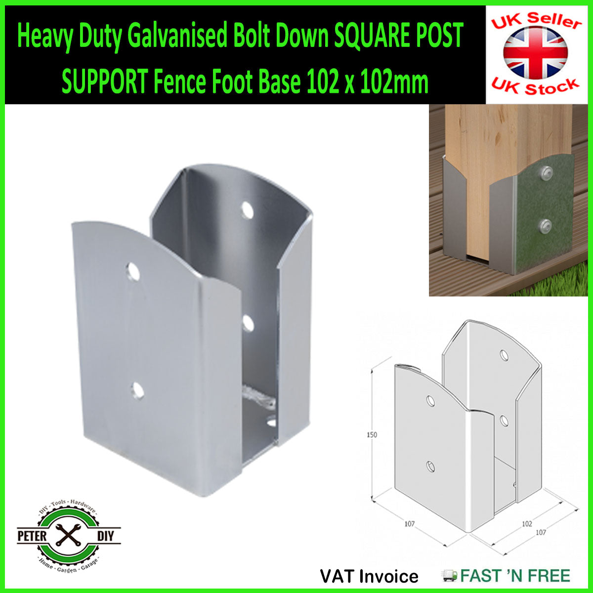 Heavy Duty Galvanised Bolt Down SQUARE POST SUPPORT Fence Foot Base 92-202mm