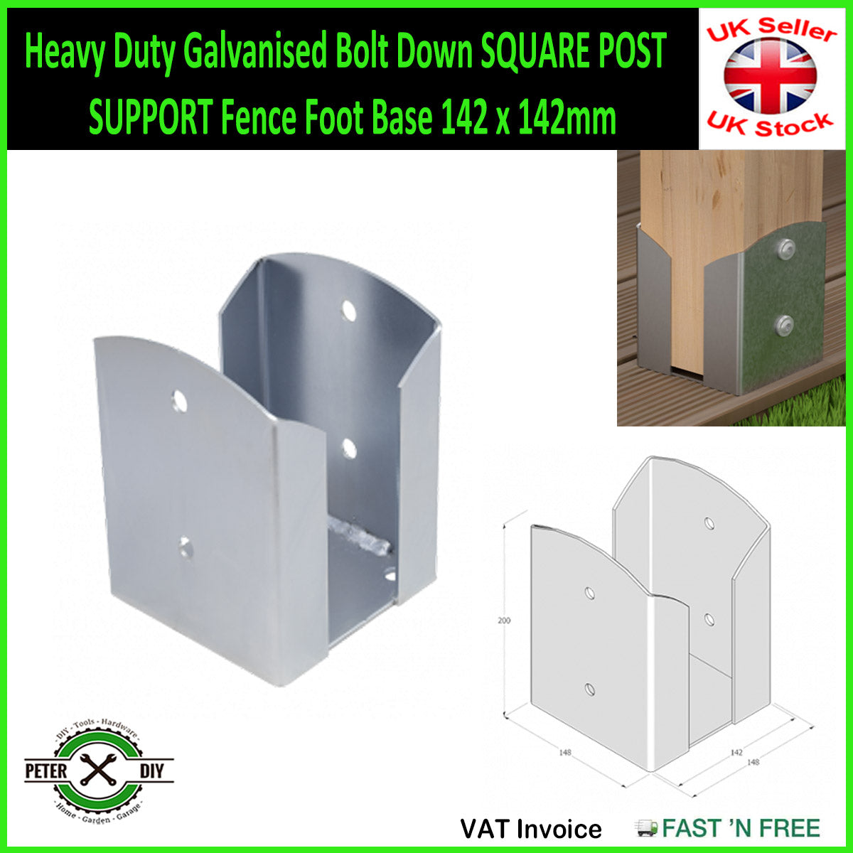 Heavy Duty Galvanised Bolt Down SQUARE POST SUPPORT Fence Foot Base 92-202mm
