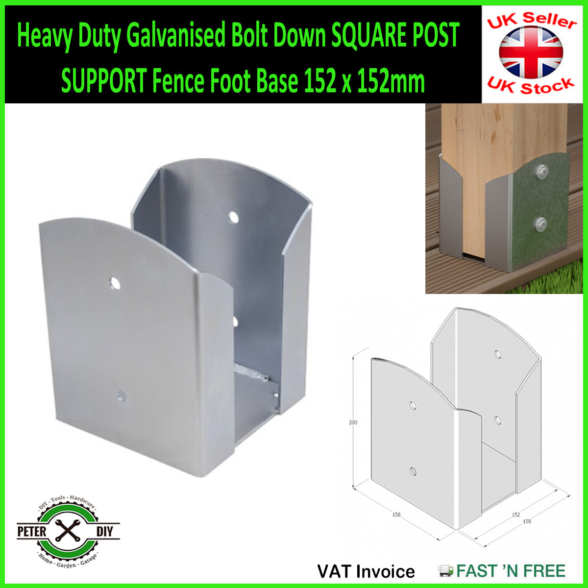 Heavy Duty Galvanised Bolt Down SQUARE POST SUPPORT Fence Foot Base 92-202mm
