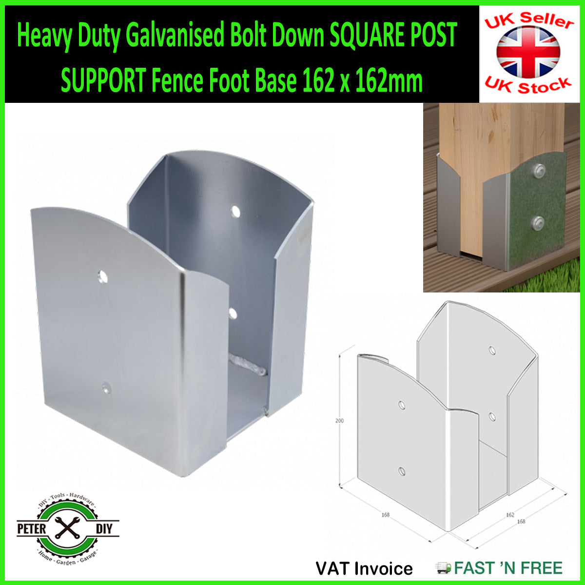 Heavy Duty Galvanised Bolt Down SQUARE POST SUPPORT Fence Foot Base 92-202mm