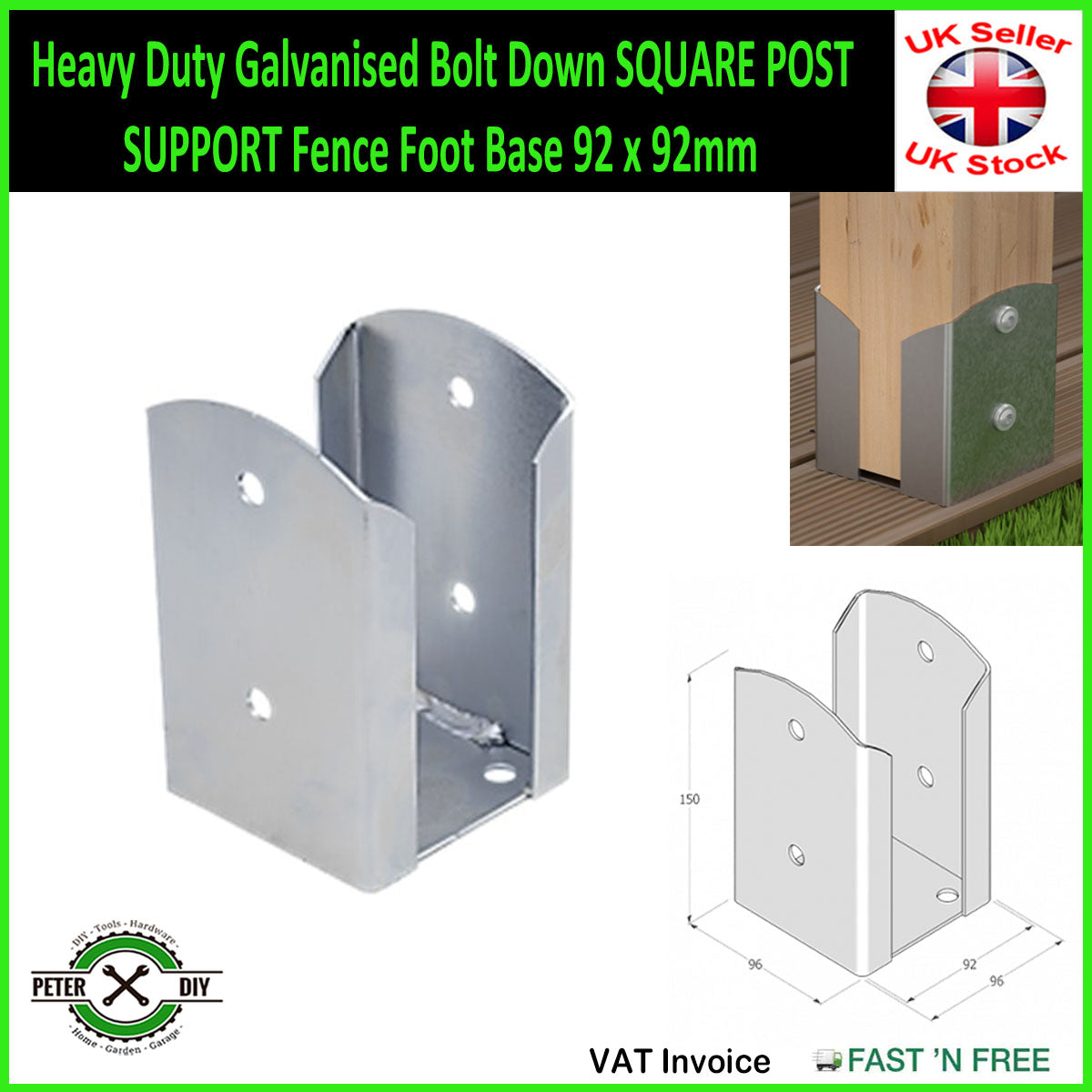 Heavy Duty Galvanised Bolt Down SQUARE POST SUPPORT Fence Foot Base 92-202mm