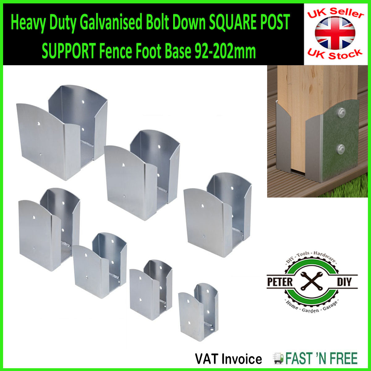 Heavy Duty Galvanised Bolt Down SQUARE POST SUPPORT Fence Foot Base 92-202mm