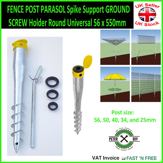 FENCE POST PARASOL Spike Support GROUND SCREW Holder Round Universal 56 x 550mm