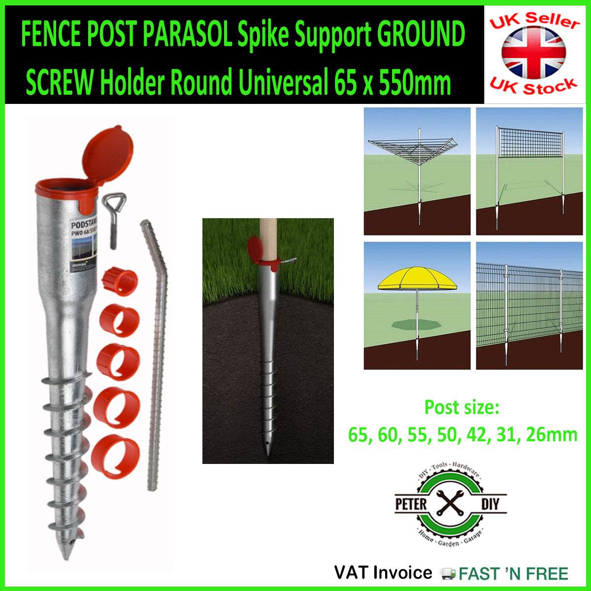 FENCE POST PARASOL Spike Support GROUND SCREW Holder Round Universal 65 x 550mm