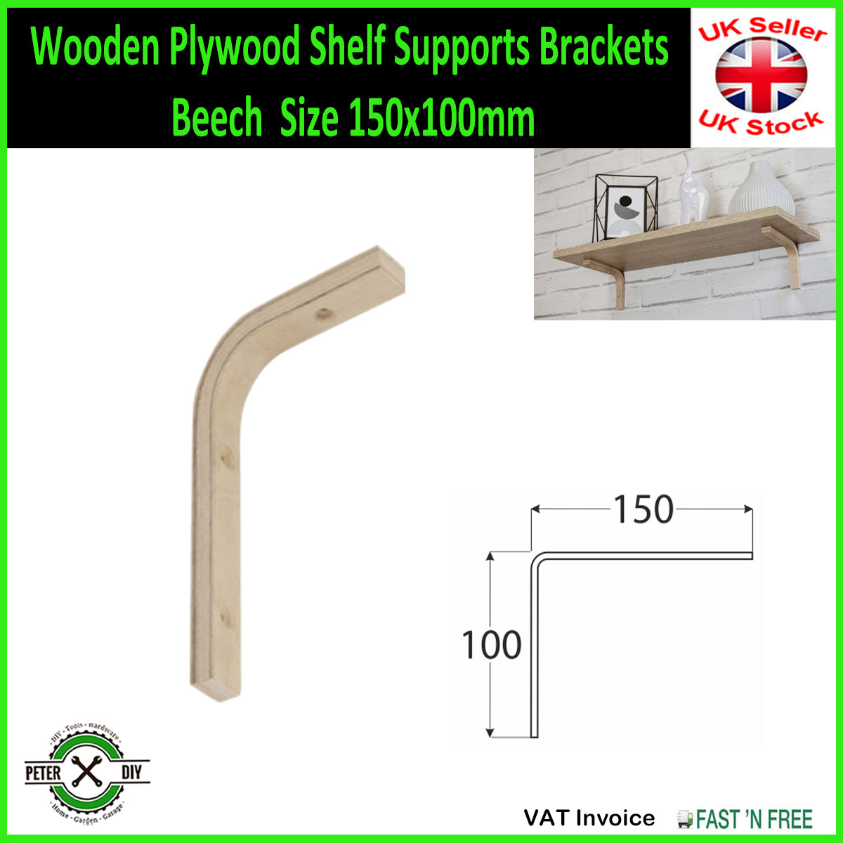 Wooden Plywood Shelf Supports Brackets Beech 2 Sizes 150x100mm or 200x150mm