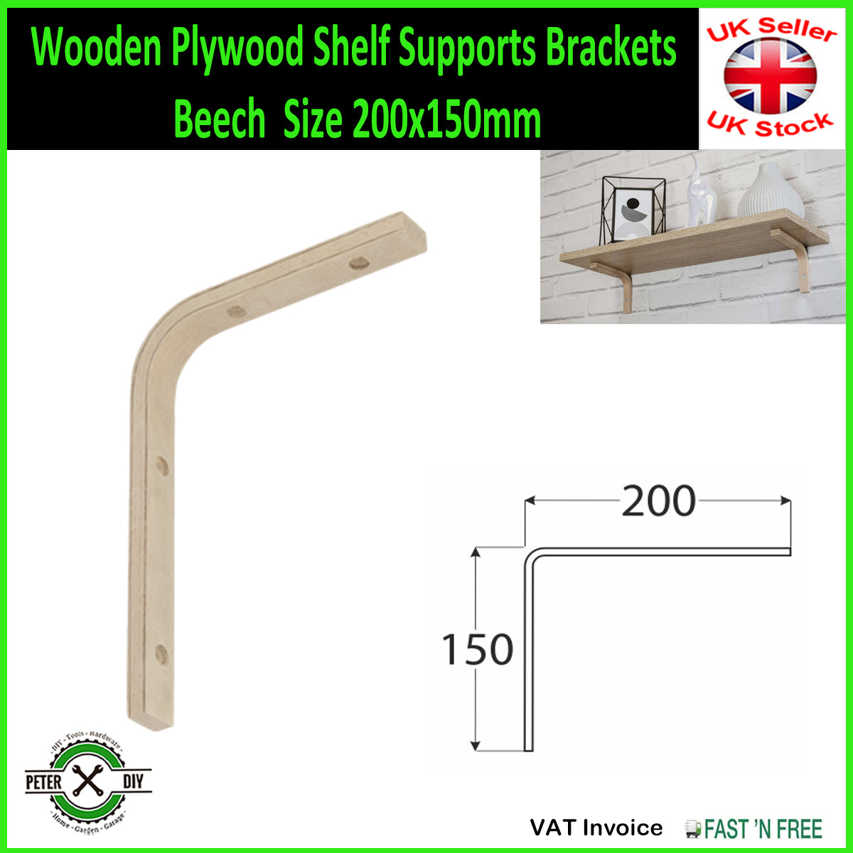 Wooden Plywood Shelf Supports Brackets Beech 2 Sizes 150x100mm or 200x150mm