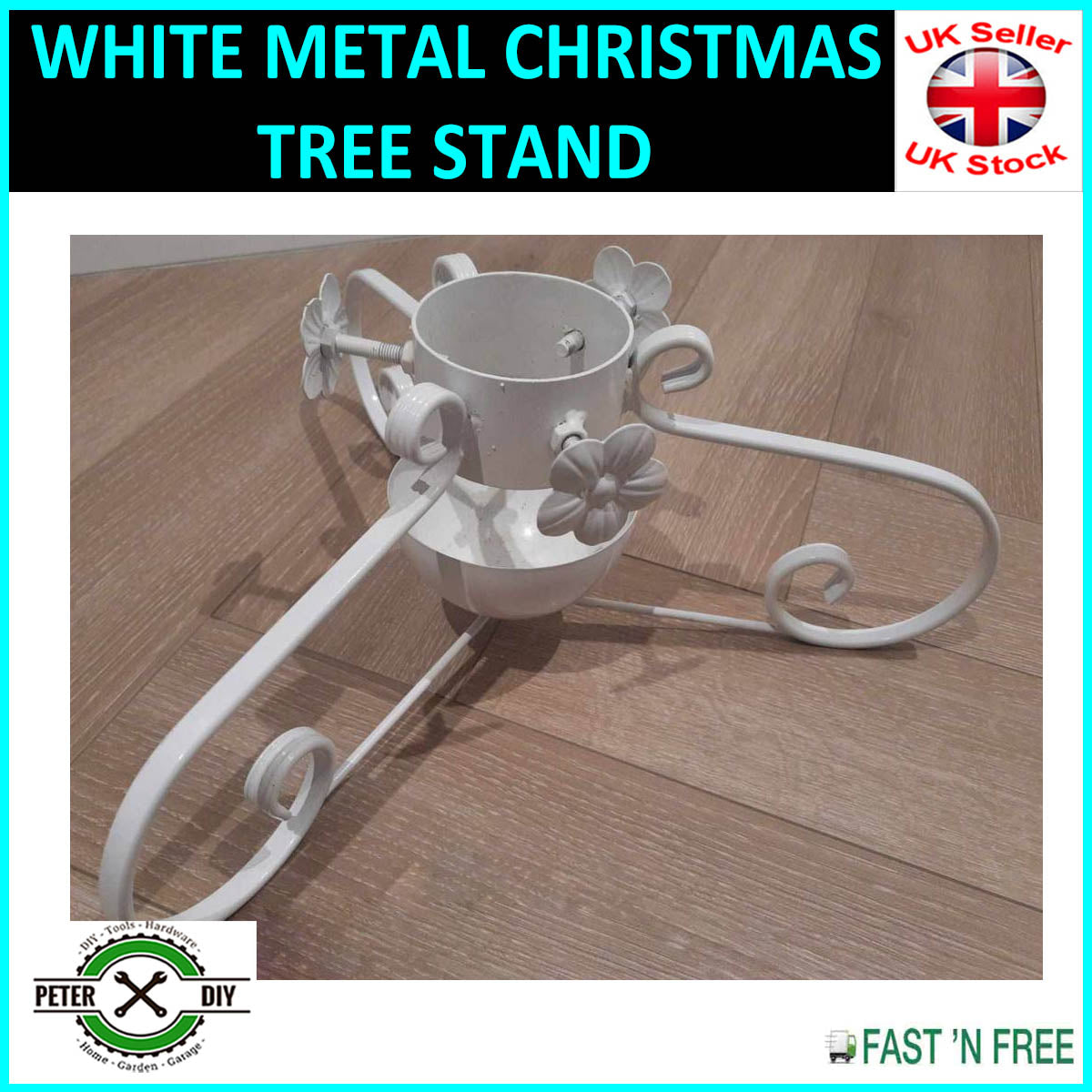 WHITE METAL CHRISTMAS TREE STAND 48 cm - 18.5" Up to 84mm - 3.3" Trunk Thickness