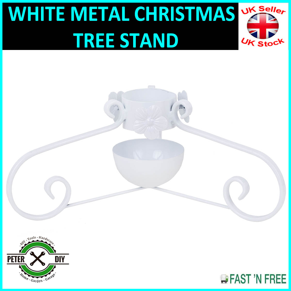 WHITE METAL CHRISTMAS TREE STAND 48 cm - 18.5" Up to 84mm - 3.3" Trunk Thickness