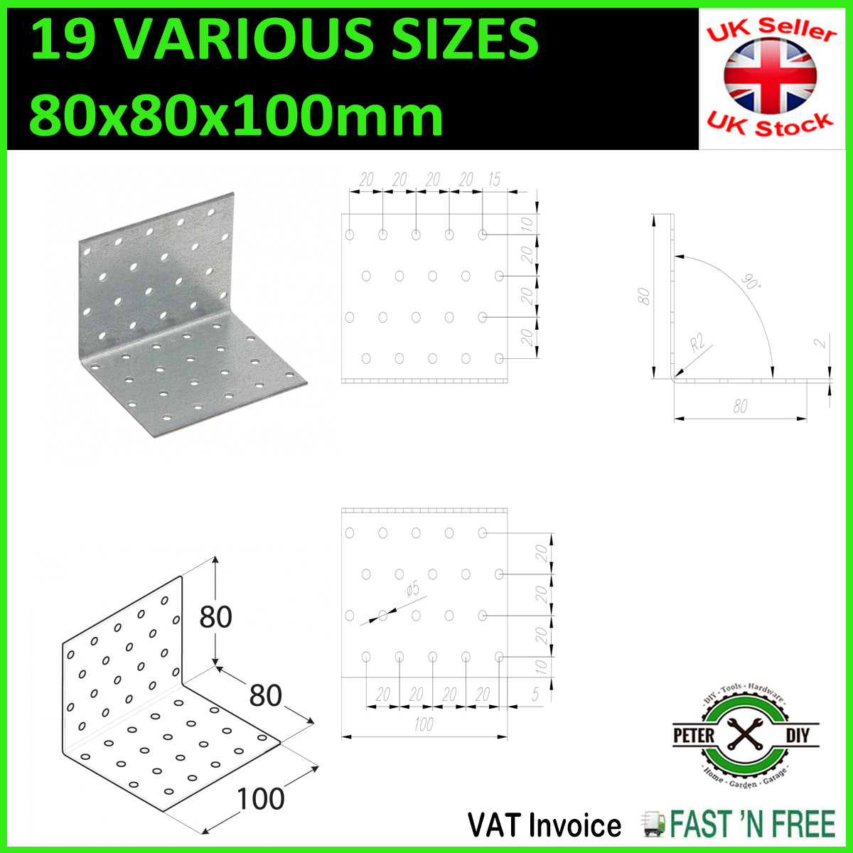 Galvanised Corner Brace 90 Degree Angle Bracket Joist Timber Mending Plates T2mm