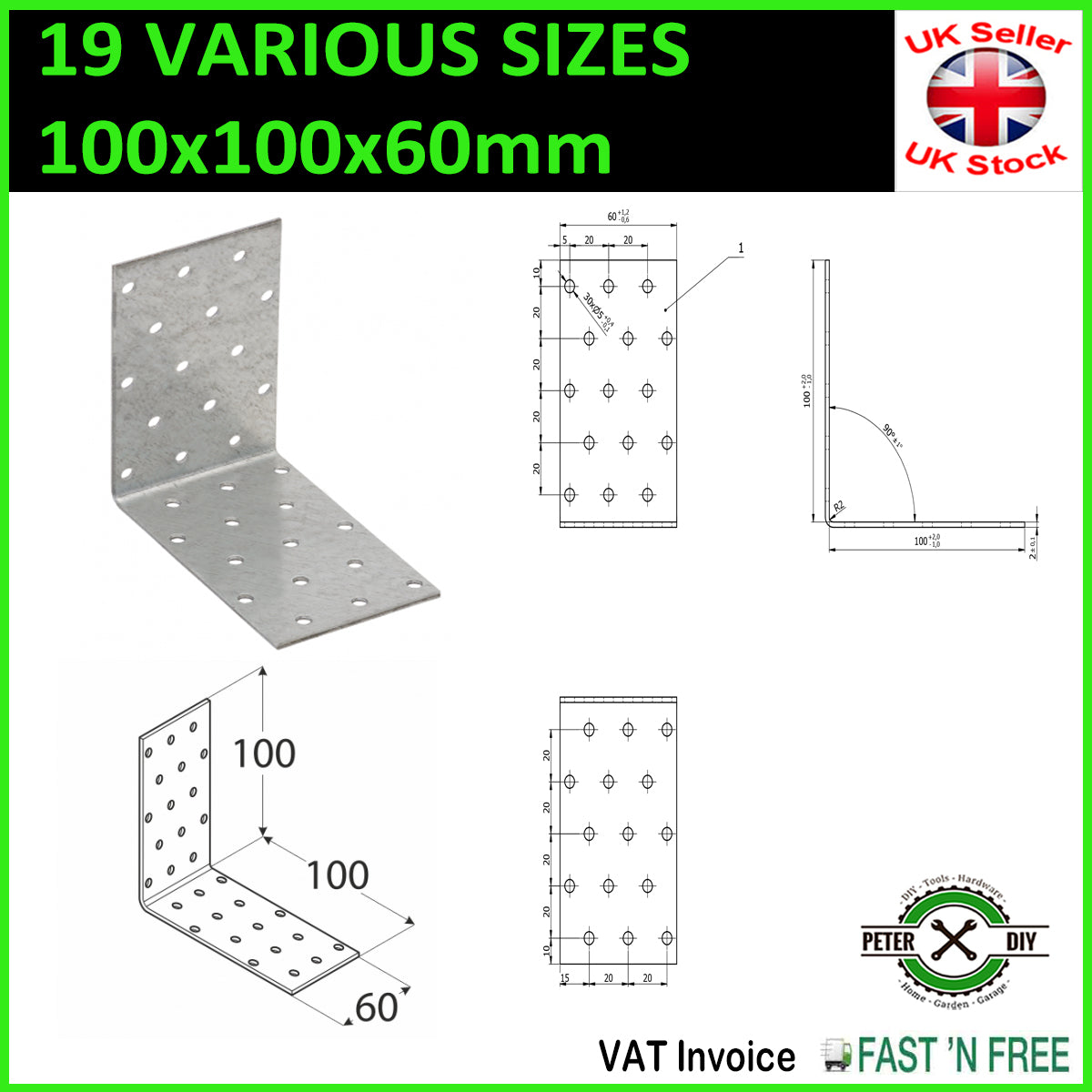 Galvanised Corner Brace 90 Degree Angle Bracket Joist Timber Mending Plates T2mm