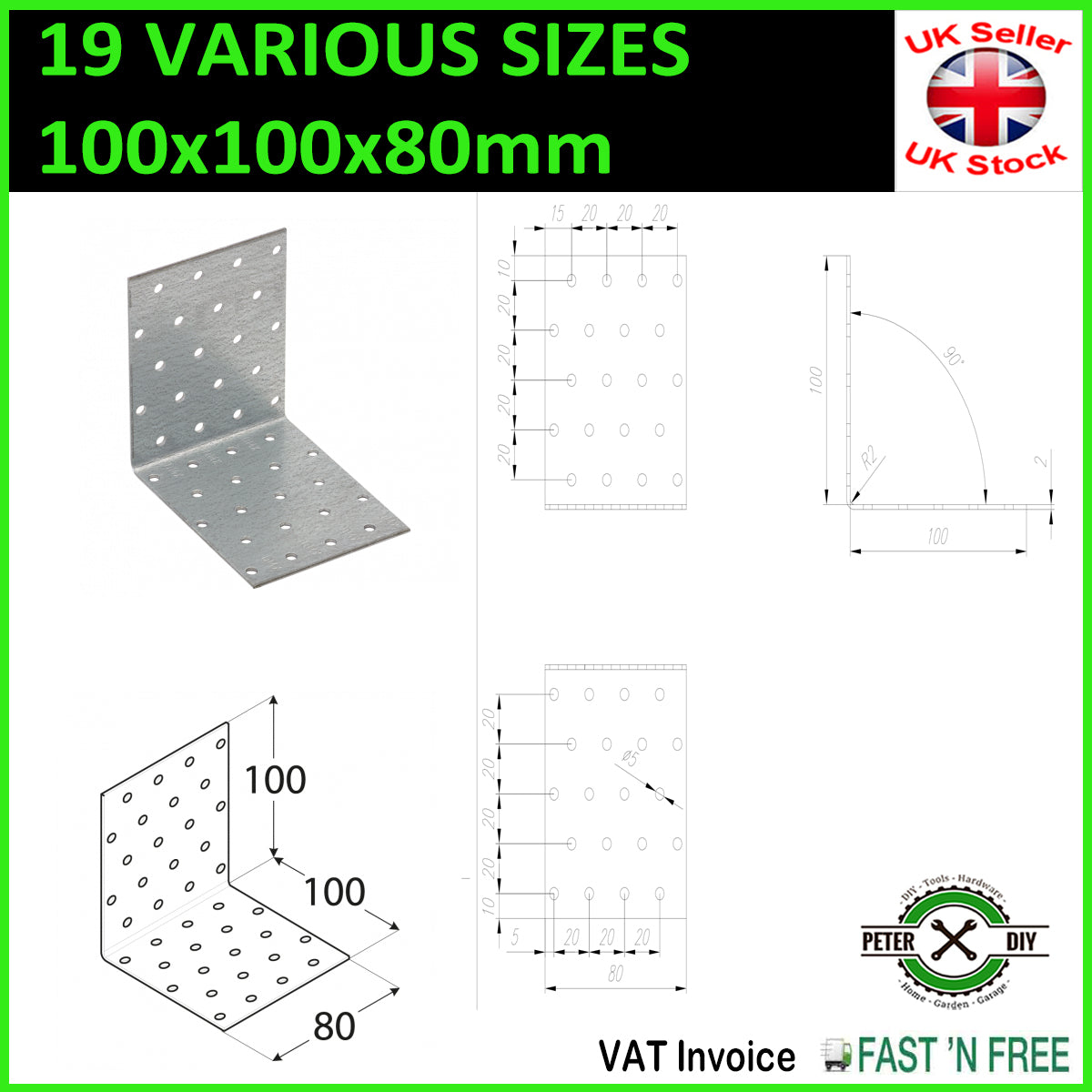 Galvanised Corner Brace 90 Degree Angle Bracket Joist Timber Mending Plates T2mm