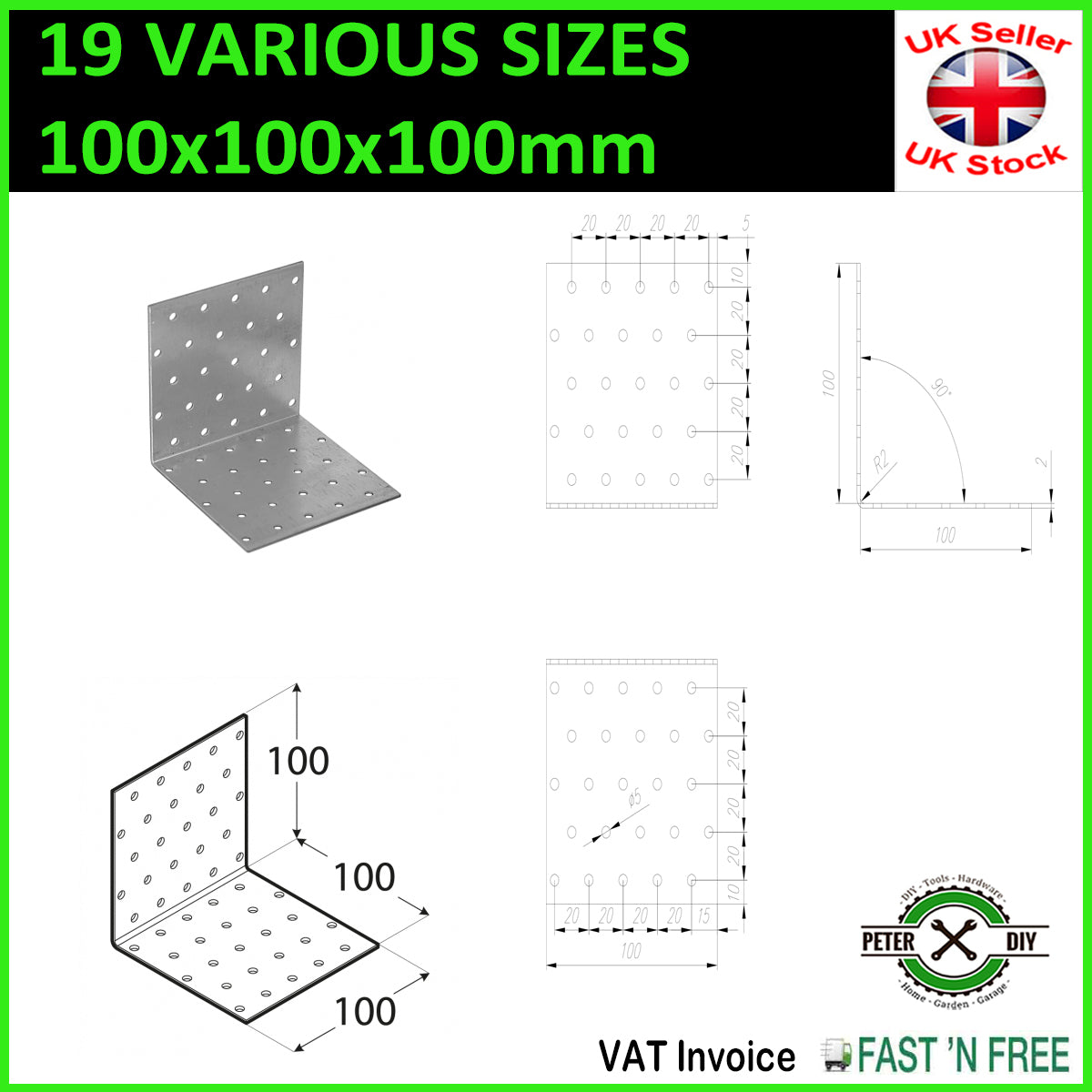 Galvanised Corner Brace 90 Degree Angle Bracket Joist Timber Mending Plates T2mm