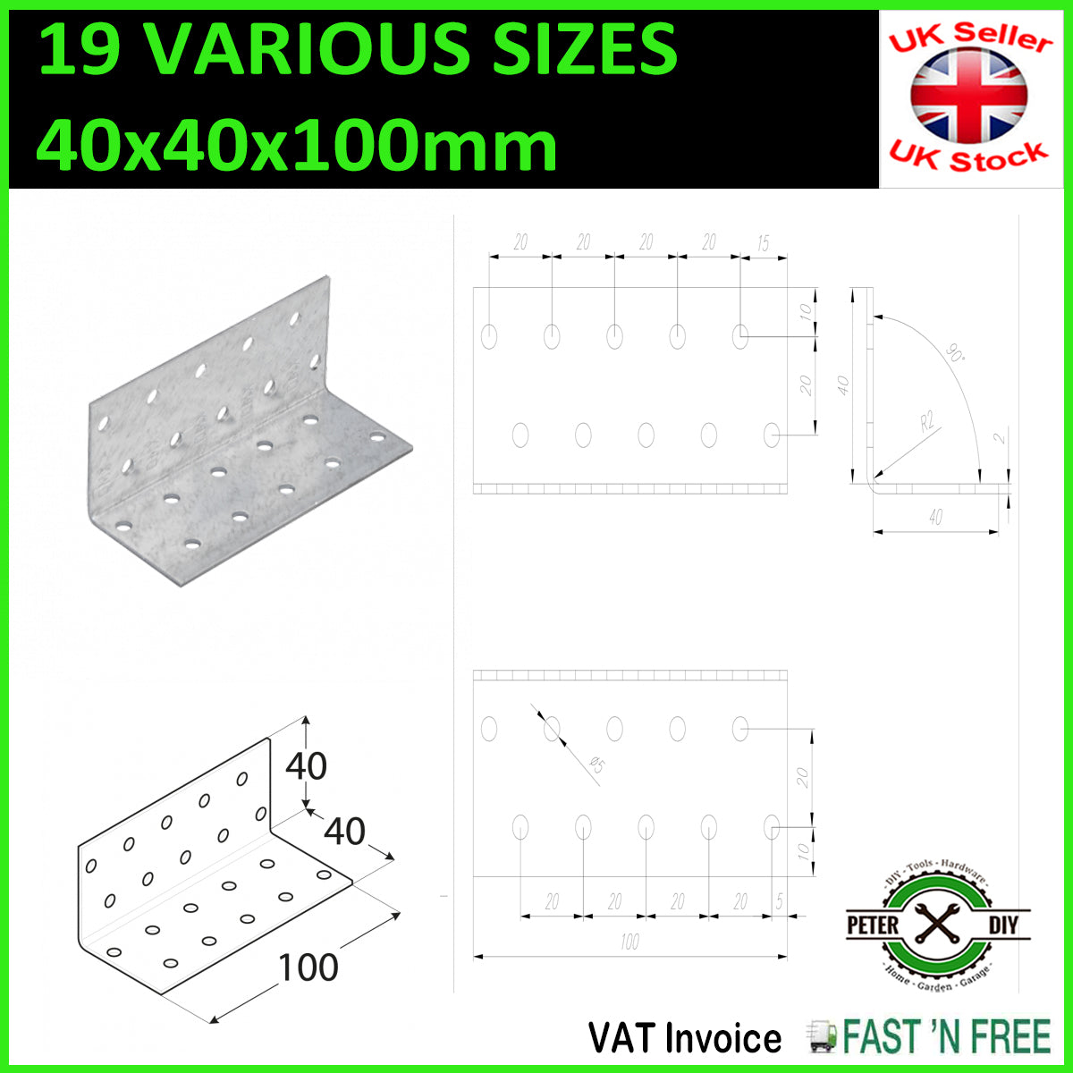 Galvanised Corner Brace 90 Degree Angle Bracket Joist Timber Mending Plates T2mm