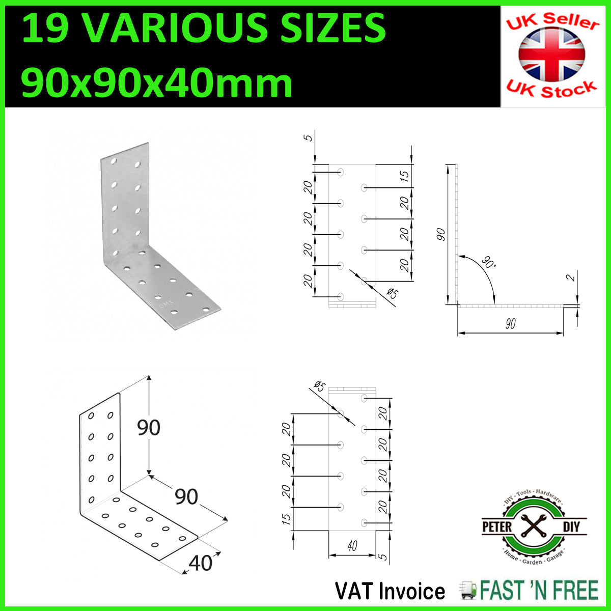 Galvanised Corner Brace 90 Degree Angle Bracket Joist Timber Mending Plates T2mm