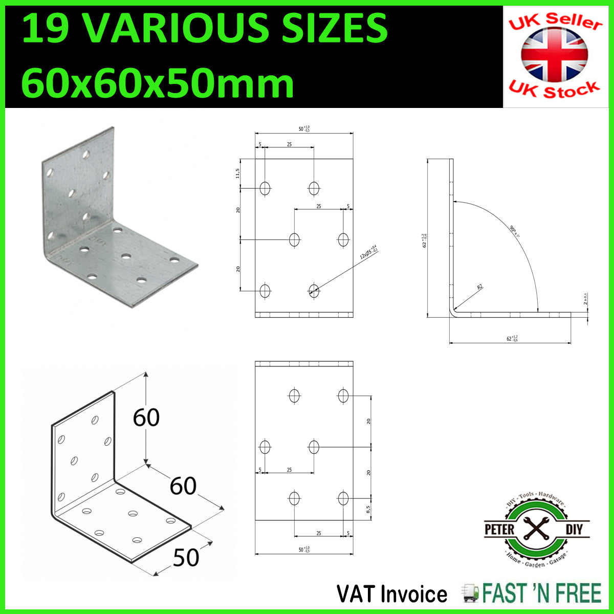 Galvanised Corner Brace 90 Degree Angle Bracket Joist Timber Mending Plates T2mm