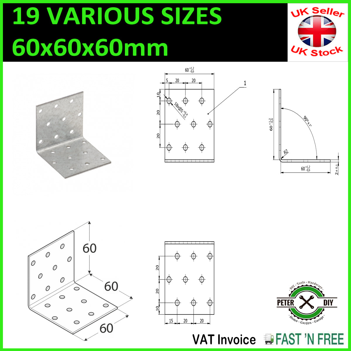 Galvanised Corner Brace 90 Degree Angle Bracket Joist Timber Mending Plates T2mm