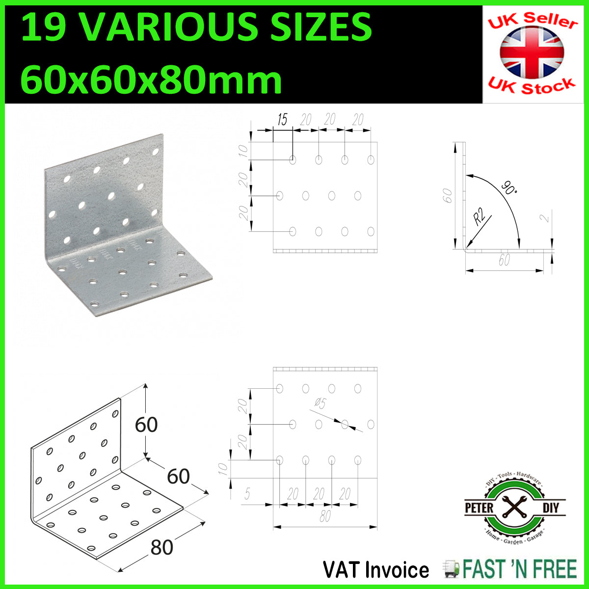 Galvanised Corner Brace 90 Degree Angle Bracket Joist Timber Mending Plates T2mm