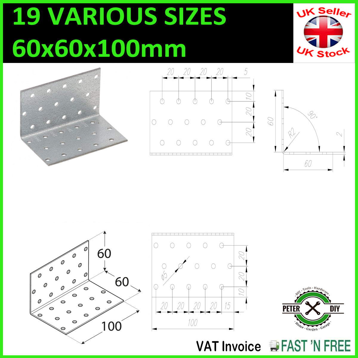 Galvanised Corner Brace 90 Degree Angle Bracket Joist Timber Mending Plates T2mm