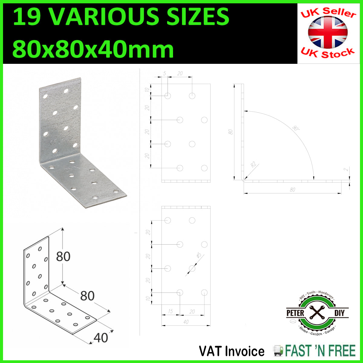 Galvanised Corner Brace 90 Degree Angle Bracket Joist Timber Mending Plates T2mm