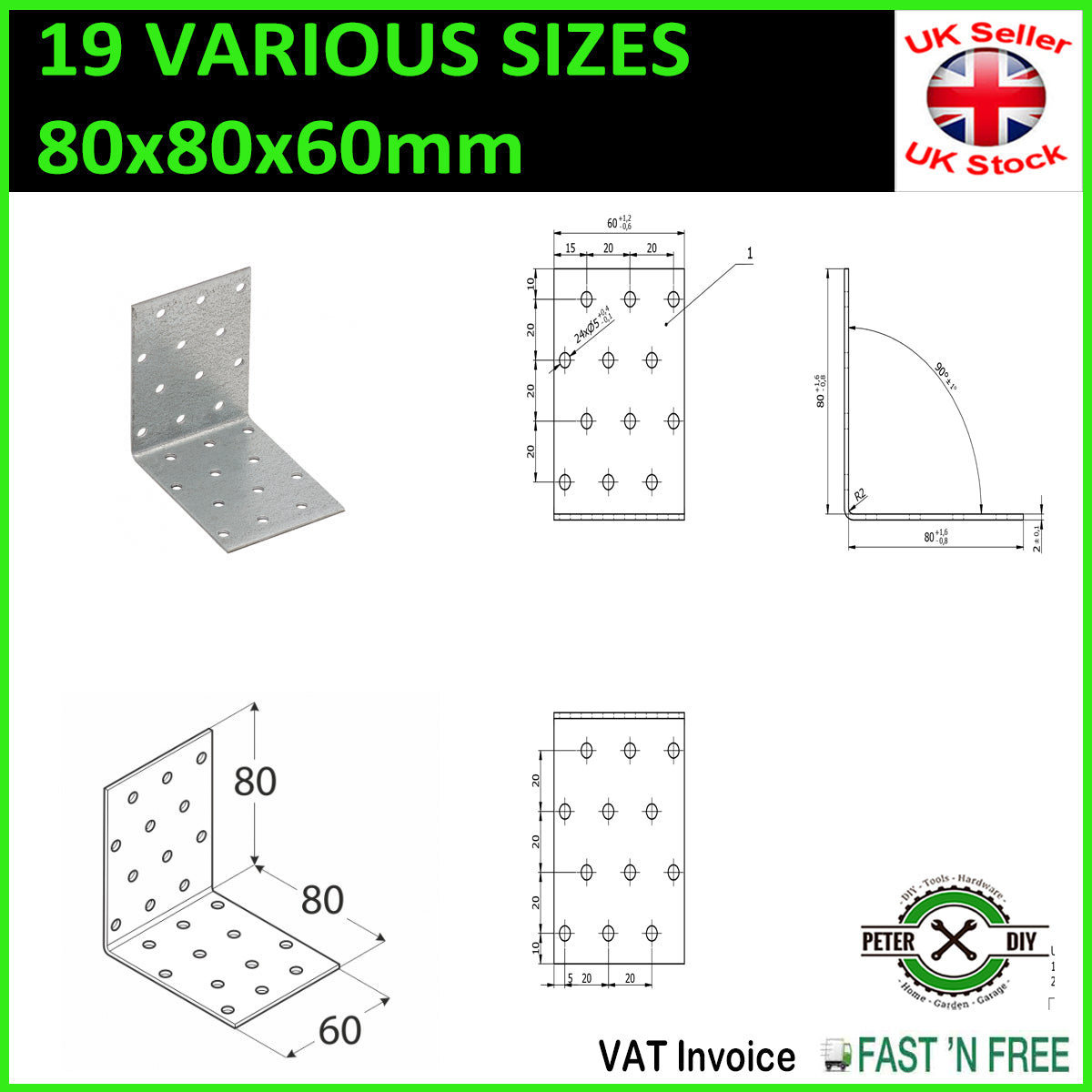 Galvanised Corner Brace 90 Degree Angle Bracket Joist Timber Mending Plates T2mm