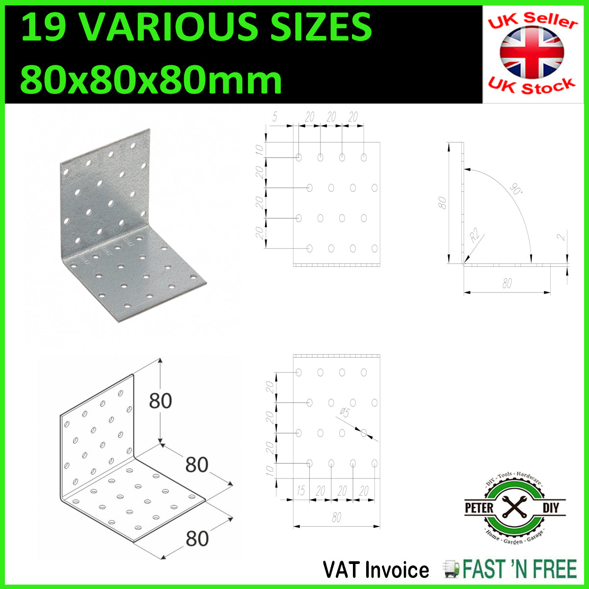 Galvanised Corner Brace 90 Degree Angle Bracket Joist Timber Mending Plates T2mm