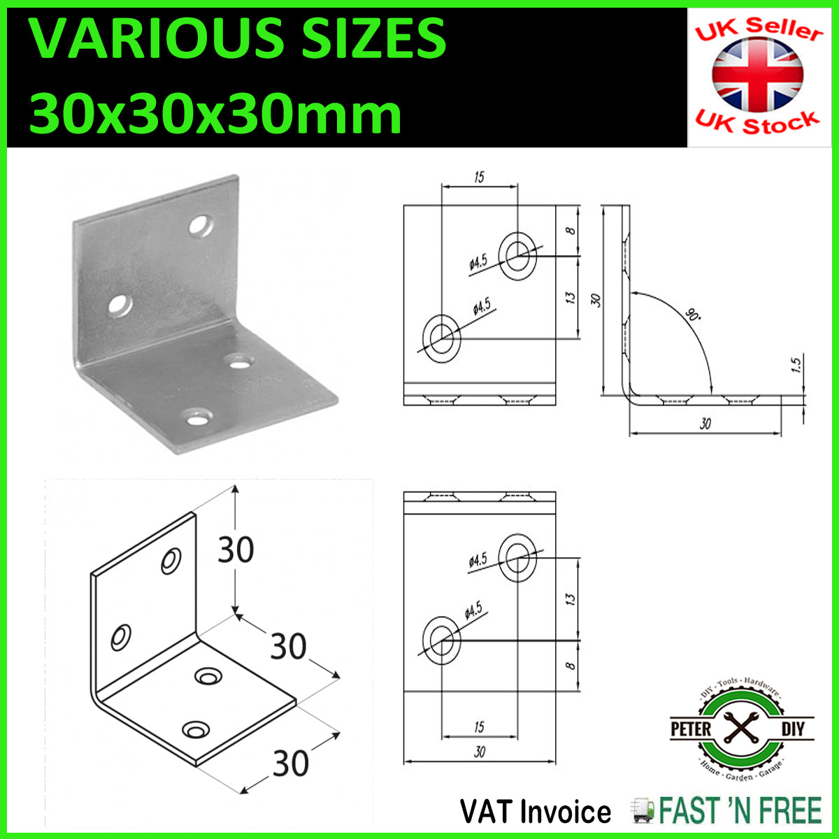 Galvanised Corner Brace 90 Degree Angle Bracket Joist Timber Mending 30/40/60mm