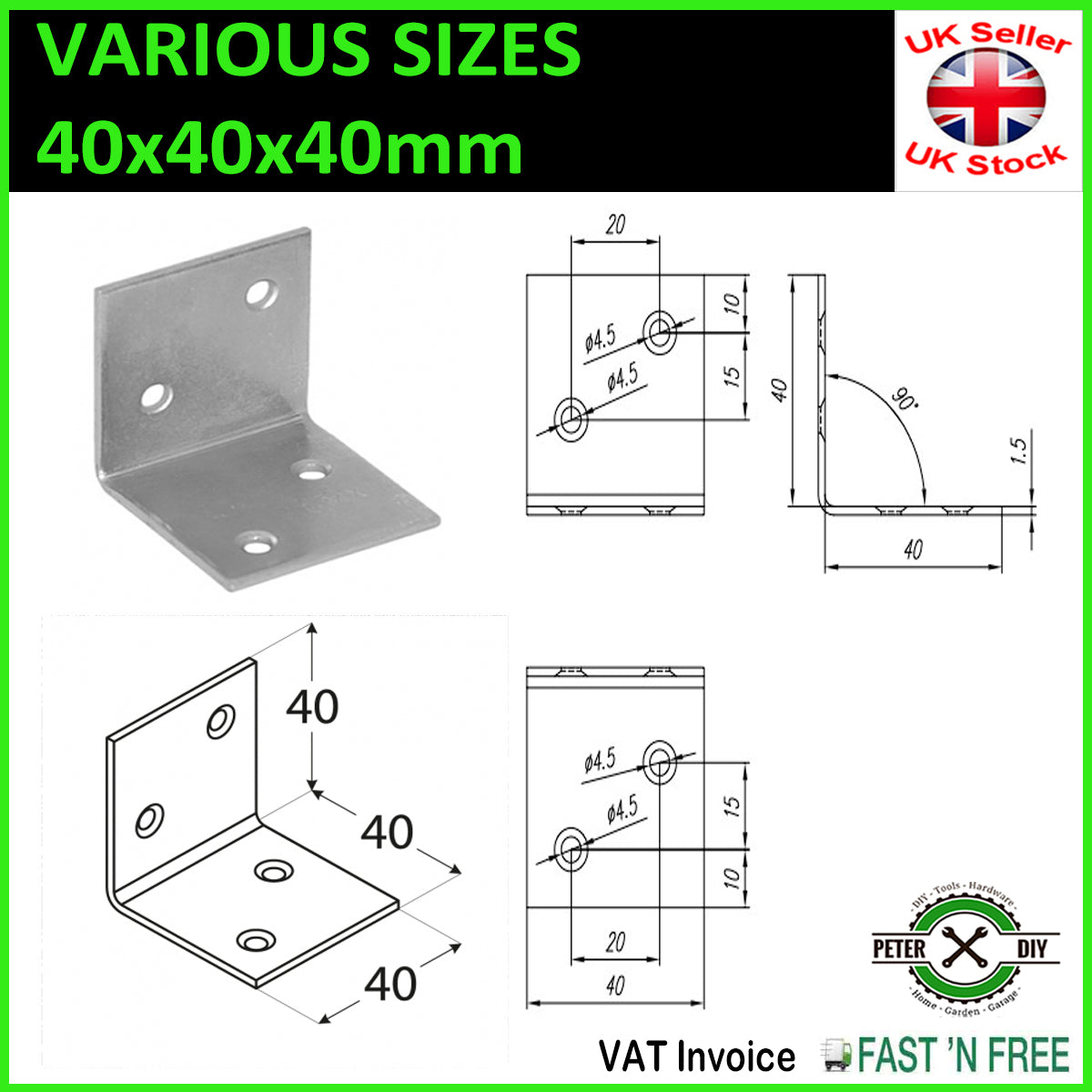 Galvanised Corner Brace 90 Degree Angle Bracket Joist Timber Mending 30/40/60mm